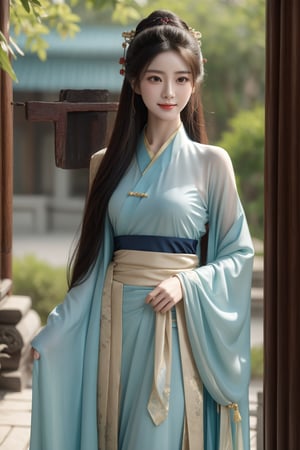 ancient chinese palace,secret garden,girl,1 yo,queen's hair,very_long_hair,hair_past_waist,smile,wearing transparent green long hanfu(very long sleeves),Best Quality, 32k, photorealistic, ultra-detailed, finely detailed, high resolution, perfect dynamic composition, beautiful detailed eyes, sharp-focus, cowboy_shot, front shot,hanfu101,gufeng,Asia