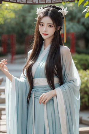 ancient chinese palace,secret garden,girl,1 yo,queen's hair,very_long_hair,hair_past_waist,smile,wearing transparent green long hanfu(very long sleeves),Best Quality, 32k, photorealistic, ultra-detailed, finely detailed, high resolution, perfect dynamic composition, beautiful detailed eyes, sharp-focus, cowboy_shot, front shot,hanfu101,gufeng,Asia