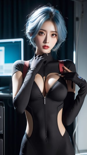 1girl, solo, short hair, gloves, navel, blue hair, big breasts, weapon, fingerless gloves, lips, bodysuit, cable, computer, monitor,Taiwan 