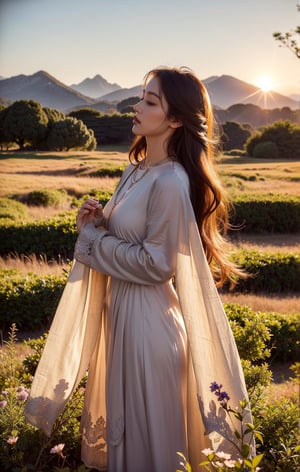 A side-view portrait of a woman praying in front of an altar that resembles a lion, set in an open field with views of majestic mountains at sunset. The woman has long, flowing auburn hair and appears to be in her late twenties. She is wearing a flowing white dress and a delicate silver necklace. Her eyes are closed, and her hands are clasped in prayer. Her profile is softly illuminated by the warm, golden light of the setting sun, which highlights her serene expression. The altar, adorned with intricate lion carvings, stands majestically beside her. The field is filled with tall grass and wildflowers swaying gently in the breeze. In the distance, the towering mountains are bathed in the soft, warm glow of the sunset. The sunlight creates long, soft shadows, casting a tranquil and reverent atmosphere. The gentle breeze rustles the grass, and the air is filled with the fresh scent of wildflowers. The sounds of the distant wind and occasional bird calls add to the peaceful ambiance, creating an atmosphere of calm and spiritual serenity,Asia