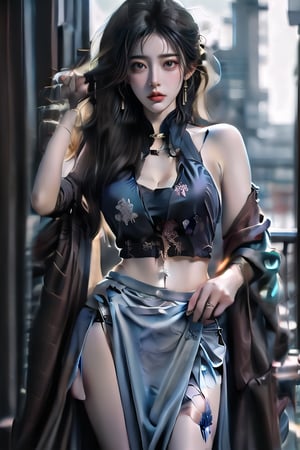 1girl, solo, long hair, breasts, looking at viewer, blue eyes, large breasts, black hair, navel, cleavage, jewelry, earrings, midriff, crop top, hand on hip, long skirt, boa hancock,Taiwan 