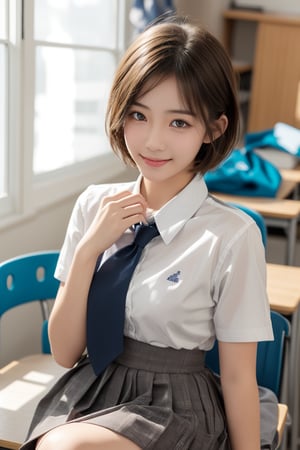 class_room,high school student,girl,short hair,bangs,wearing school uniform,she is sitting at desk and taking note,smile,Best Quality, 32k, photorealistic, ultra-detailed, finely detailed, high resolution, perfect dynamic composition, beautiful detailed eyes, sharp-focus, cowboy_shot, front shot,Asia