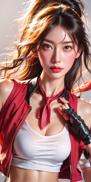 1girl, ((blank background)), vibrant colors, head and shoulders portrait, long_hair, pony_tail, pale, bangs, green_eyes, large breasts, bare_shoulder, multicolor_hair, red_hair, white_hair, mecha ears, ((red tie, crop jacket sleveless, crop tshirt, gloves, elbow_gloves,)), spats shorts, mini_skirt, ((white background)),Taiwan 