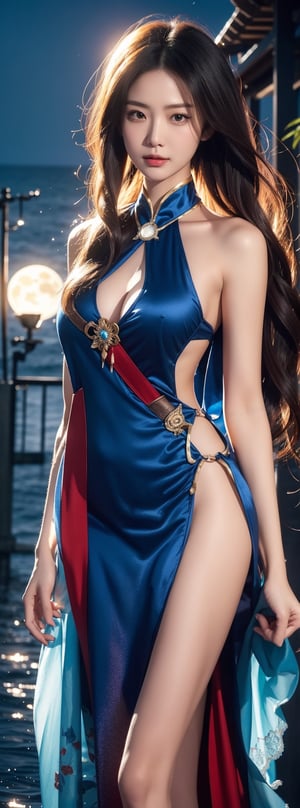 The dark night is azure, with a small amount of smoke, and the water reflects the moonlight. A Taiwanese woman stood on the water and waved a sword, with an arc-shaped energy trajectory surrounding the sword. Cold and glamorous, exposed shoulders, natural big breasts, soaked long hair, white soaked deep-V sheer thin clothes, with a huge blue moon in the background, the style is a live-action movie photo.,Asia