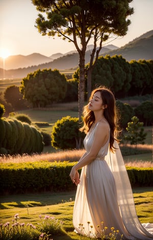 A side-view portrait of a woman praying in front of an altar that resembles a lion, set in an open field with views of majestic mountains at sunset. The woman has long, flowing auburn hair and appears to be in her late twenties. She is wearing a flowing white dress and a delicate silver necklace. Her eyes are closed, and her hands are clasped in prayer. Her profile is softly illuminated by the warm, golden light of the setting sun, which highlights her serene expression. The altar, adorned with intricate lion carvings, stands majestically beside her. The field is filled with tall grass and wildflowers swaying gently in the breeze. In the distance, the towering mountains are bathed in the soft, warm glow of the sunset. The sunlight creates long, soft shadows, casting a tranquil and reverent atmosphere. The gentle breeze rustles the grass, and the air is filled with the fresh scent of wildflowers. The sounds of the distant wind and occasional bird calls add to the peaceful ambiance, creating an atmosphere of calm and spiritual serenity,Asia