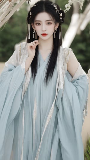 1girl, solo, long hair, looking at viewer, black hair, hair ornament, dress, jewelry, upper body, earrings, black eyes, chinese clothes, realistic,Asia,hanfu