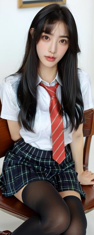 1girl, solo, long hair, looking at viewer, skirt, brown hair, shirt, black hair, bow, sitting, school uniform, pantyhose, bowtie, blurry, cup, plaid, watermark, drinking straw, realistic, drinking,cute_jk,Taiwan 