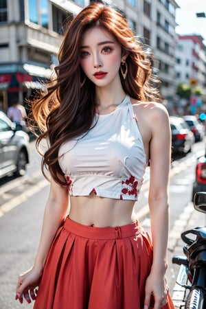 1girl, solo, long hair, big breasts, skirt, black hair, navel, brown eyes, jewelry, earrings, midriff, crop top, makeup, red skirt, lipstick, long skirt, red lips, photo background,Taiwan 