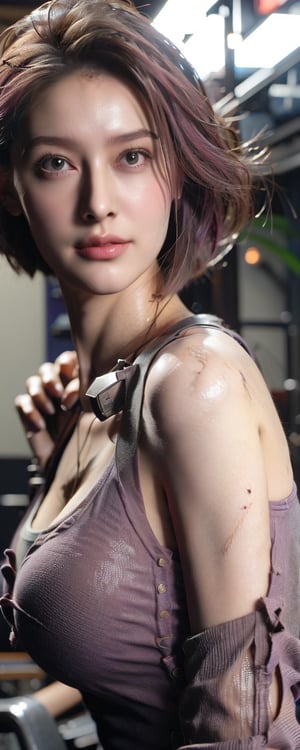 1girl, solo, breasts, looking at viewer, smile, short hair, large breasts, dress, purple eyes, upper body, pink hair, glasses, sleeveless, alternate costume, hair over one eye, lips, v, plant, pink nails, selfie, reaching towards viewer, mash kyrielight,GAME_ResidentEvil3Remake_JillValentine_o,Taiwan 