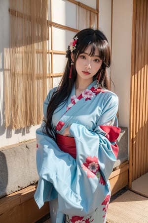 masterpiece, 8k, best quality, high resolution, perfect details, beautiful face, 1girl, solo, bangs, (Updo hair), closed mouth, looking at viewer, realistic, grey background, 

hair ornament, hair flower, blue flower, 
(japanese clothes), 
(dark blue kimono), 
(print kimono), 
(wide sleeves), (obi),

(cowboy shot:1.2),Asia,detached sleeves