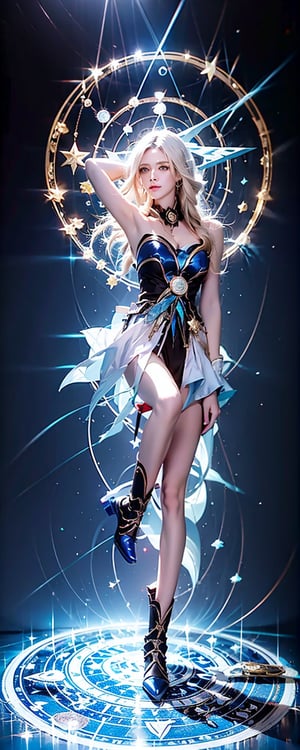 1girl, solo, long hair, breasts, looking at viewer, blue eyes, blonde hair, large breasts, hat, holding, cleavage, bare shoulders, medium breasts, full body, boots, armpits, lips, gradient, gradient background, staff, blue footwear, realistic, wand, magic circle, duel monster, pentagram, wizard hat, pentacle, dark magician girl,Taiwan 