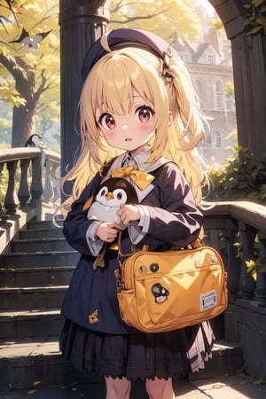 masterpiece,illustration,ray tracing,finely detailed,best detailed,Clear picture,intricate details,highlight,
anime,
gothic architecture,
looking at viewer,

nature,gothic architecture,bird,the lakeside in the heart of the forest,the staircase of the balcony,

NikkeRei,
1girl,loli,baby,long hair,hat,light blonde hair,
yellow bow,yellow bag,skirt,upper body,
NikkePenguin,Penguin,