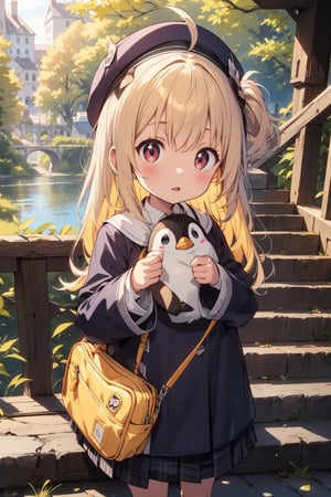 masterpiece,illustration,ray tracing,finely detailed,best detailed,Clear picture,intricate details,highlight,
anime,
gothic architecture,
looking at viewer,

nature,gothic architecture,bird,the lakeside in the heart of the forest,the staircase of the balcony,

NikkeRei,
1girl,loli,baby,long hair,hat,light blonde hair,
yellow bow,yellow bag,skirt,upper body,
NikkePenguin,Penguin,