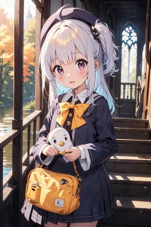masterpiece,illustration,ray tracing,finely detailed,best detailed,Clear picture,intricate details,highlight,
anime,
gothic architecture,
looking at viewer,

nature,gothic architecture,bird,the lakeside in the heart of the forest,the staircase of the balcony,

NikkeRei,
1girl,loli,baby,long hair,hat,white hair,blue eyes,yellow bow,yellow bag,skirt,upper body,
NikkePenguin,Penguin,