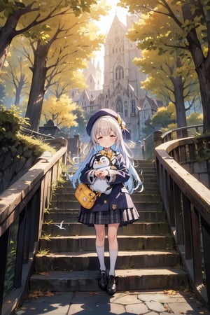 masterpiece,illustration,ray tracing,finely detailed,best detailed,Clear picture,intricate details,highlight,
anime,
gothic architecture,
looking at viewer,

nature,gothic architecture,bird,the lakeside in the heart of the forest,the staircase of the balcony,

NikkeRei,
1girl,loli,baby,long hair,hat,
yellow bow,yellow bag,skirt, cowboy shot,
NikkePenguin,Penguin,A penguin sleeping in its owner's arms,
sitting,