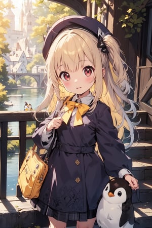 masterpiece,illustration,ray tracing,finely detailed,best detailed,Clear picture,intricate details,highlight,
anime,
gothic architecture,
looking at viewer,

nature,gothic architecture,bird,the lakeside in the heart of the forest,the staircase of the balcony,

NikkeRei,
1girl,loli,baby,long hair,hat,light blonde hair,
yellow bow,yellow bag,skirt,upper body,
NikkePenguin,Penguin,