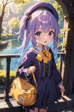 masterpiece,illustration,ray tracing,finely detailed,best detailed,Clear picture,intricate details,highlight,
anime,
gothic architecture,
looking at viewer,

nature,gothic architecture,bird,the lakeside in the heart of the forest,the staircase of the balcony,

NikkeRei,
1girl,loli,baby,long hair,hat,purple hair,blue eyes,yellow bow,yellow bag,skirt,upper body,
NikkePenguin,Penguin,