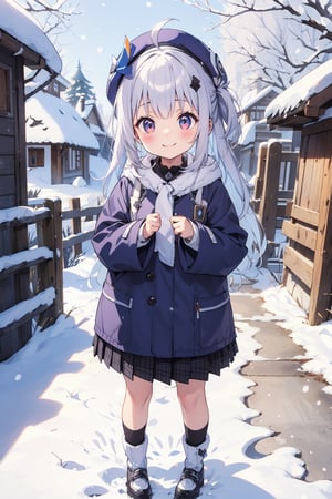 cute girl, silver hair, snow village background, snow clothing