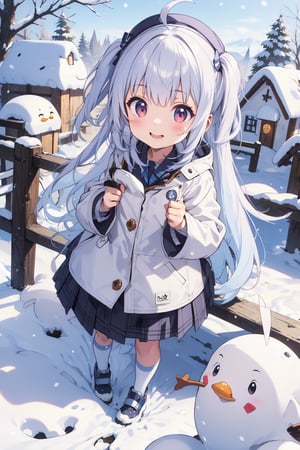 cute girl, silver hair, snow village background, snow clothing