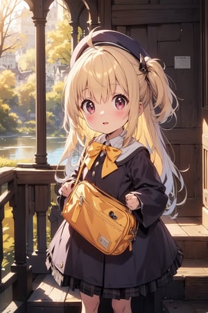 masterpiece,illustration,ray tracing,finely detailed,best detailed,Clear picture,intricate details,highlight,
anime,
gothic architecture,
looking at viewer,

nature,gothic architecture,bird,the lakeside in the heart of the forest,the staircase of the balcony,

NikkeRei,
1girl,loli,baby,long hair,hat,light blonde hair,
yellow bow,yellow bag,skirt,upper body,
NikkePenguin,Penguin,