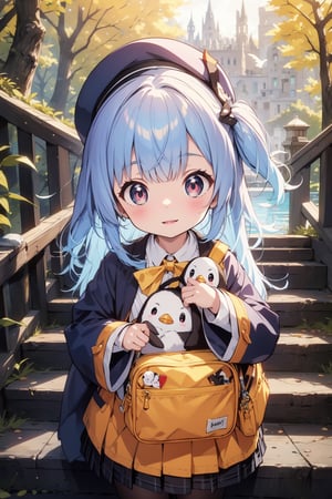 masterpiece,illustration,ray tracing,finely detailed,best detailed,Clear picture,intricate details,highlight,
anime,
gothic architecture,
looking at viewer,

nature,gothic architecture,bird,the lakeside in the heart of the forest,the staircase of the balcony,

NikkeRei,
1girl,loli,baby,long hair,hat,light blue hair,blue eyes,yellow bow,yellow bag,skirt,upper body,
NikkePenguin,Penguin,