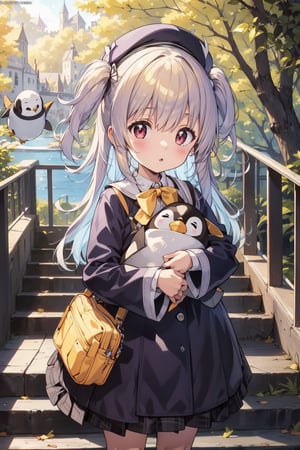 masterpiece,illustration,ray tracing,finely detailed,best detailed,Clear picture,intricate details,highlight,
anime,
gothic architecture,
looking at viewer,

nature,gothic architecture,bird,the lakeside in the heart of the forest,the staircase of the balcony,

NikkeRei,
1girl,loli,baby,long hair,hat,
yellow bow,yellow bag,skirt, cowboy shot,
NikkePenguin,Penguin,A penguin sleeping in its owner's arms,
sitting,