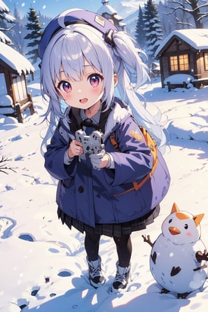 cute girl, silver hair, snow village background, snow clothing