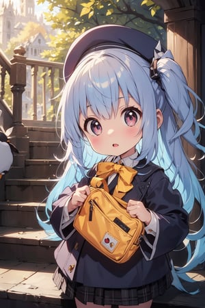 masterpiece,illustration,ray tracing,finely detailed,best detailed,Clear picture,intricate details,highlight,
anime,
gothic architecture,
looking at viewer,

nature,gothic architecture,bird,the lakeside in the heart of the forest,the staircase of the balcony,

NikkeRei,
1girl,loli,baby,long hair,hat,light blue hair,blue eyes,yellow bow,yellow bag,skirt,upper body,
NikkePenguin,Penguin,