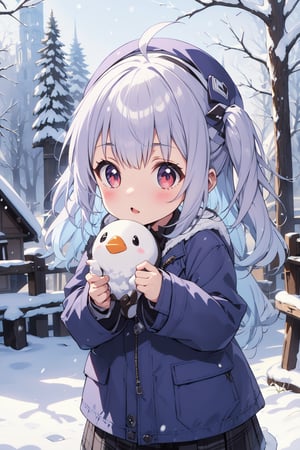 cute girl, silver hair, snow village background, snow clothing