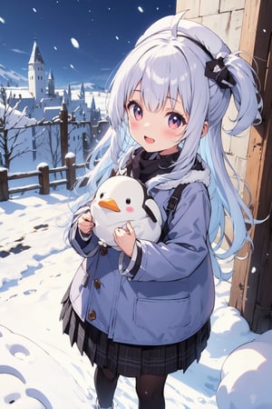 cute girl, silver hair, snow castle background, snow clothing