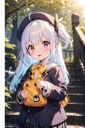 masterpiece,illustration,ray tracing,finely detailed,best detailed,Clear picture,intricate details,highlight,
anime,
gothic architecture,
looking at viewer,

nature,gothic architecture,bird,the lakeside in the heart of the forest,the staircase of the balcony,

NikkeRei,
1girl,loli,baby,long hair,hat,white hair,blue eyes,yellow bow,yellow bag,skirt,upper body,
NikkePenguin,Penguin,