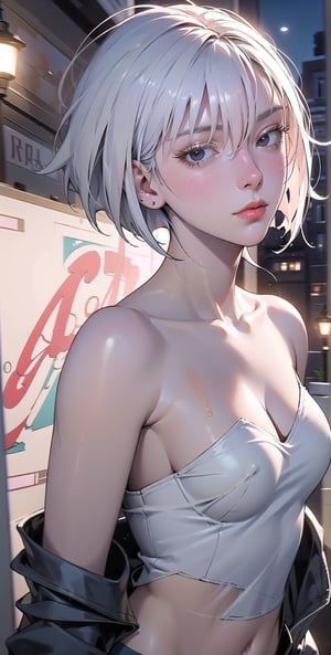 Masterpiece, Highest Quality, (Single Focus), (Perfect Face: 1.3), (High Detail: 1.1), (Super Detailed Eyes), Dramatic, Woman with Pale Skin and Bob Hair, White Eyes, Solo, Cold Expression, cold temperament, sexy figure, neat short hair, bare shoulders, bent chest, Sephiroth, moon, night, underwear, navel, pout, fur, medium chest, whole body, hourglass body, sexy, arrogant expression, slim, rose garden, detailed background, artgerm art, film lighting, rose, fashion, BalenciagaStyle,