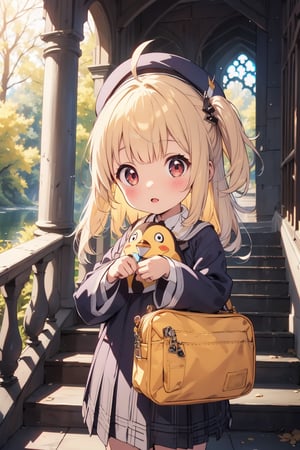 masterpiece,illustration,ray tracing,finely detailed,best detailed,Clear picture,intricate details,highlight,
anime,
gothic architecture,
looking at viewer,

nature,gothic architecture,bird,the lakeside in the heart of the forest,the staircase of the balcony,

NikkeRei,
1girl,loli,baby,long hair,hat,light blonde hair,
yellow bow,yellow bag,skirt,upper body,
NikkePenguin,Penguin,