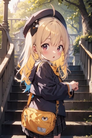 masterpiece,illustration,ray tracing,finely detailed,best detailed,Clear picture,intricate details,highlight,
anime,
gothic architecture,
looking at viewer,

nature,gothic architecture,bird,the lakeside in the heart of the forest,the staircase of the balcony,

NikkeRei,
1girl,loli,baby,long hair,hat,light blonde hair,
yellow bow,yellow bag,skirt,upper body,
NikkePenguin,Penguin,