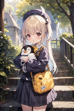 masterpiece,illustration,ray tracing,finely detailed,best detailed,Clear picture,intricate details,highlight,
anime,
gothic architecture,
looking at viewer,

nature,gothic architecture,bird,the lakeside in the heart of the forest,the staircase of the balcony,

NikkeRei,
1girl,loli,baby,long hair,hat,
yellow bow,yellow bag,skirt, cowboy shot,
NikkePenguin,Penguin,A penguin sleeping in its owner's arms,
sitting,