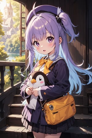 masterpiece,illustration,ray tracing,finely detailed,best detailed,Clear picture,intricate details,highlight,
anime,
gothic architecture,
looking at viewer,

nature,gothic architecture,bird,the lakeside in the heart of the forest,the staircase of the balcony,

NikkeRei,
1girl,loli,baby,long hair,hat,purple hair,blue eyes,yellow bow,yellow bag,skirt,upper body,
NikkePenguin,Penguin,