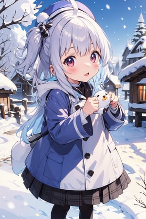 cute girl, silver hair, snow village background, snow clothing