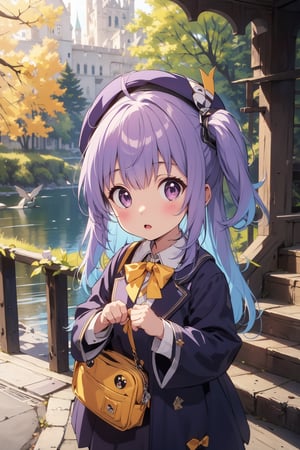 masterpiece,illustration,ray tracing,finely detailed,best detailed,Clear picture,intricate details,highlight,
anime,
gothic architecture,
looking at viewer,

nature,gothic architecture,bird,the lakeside in the heart of the forest,the staircase of the balcony,

NikkeRei,
1girl,loli,baby,long hair,hat,purple hair,blue eyes,yellow bow,yellow bag,skirt,upper body,
NikkePenguin,Penguin,