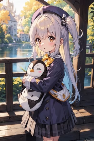 masterpiece,illustration,ray tracing,finely detailed,best detailed,Clear picture,intricate details,highlight,
anime,
gothic architecture,
looking at viewer,

nature,gothic architecture,bird,the lakeside in the heart of the forest,the staircase of the balcony,

NikkeRei,
1girl,loli,baby,long hair,hat,
yellow bow,yellow bag,skirt, cowboy shot,
NikkePenguin,Penguin,A penguin sleeping in its owner's arms,
sitting,