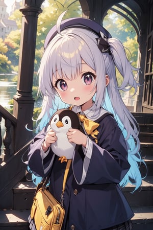 masterpiece,illustration,ray tracing,finely detailed,best detailed,Clear picture,intricate details,highlight,
anime,
gothic architecture,
looking at viewer,

nature,gothic architecture,bird,the lakeside in the heart of the forest,the staircase of the balcony,

NikkeRei,
1girl,loli,baby,long hair,hat,white hair,blue eyes,yellow bow,yellow bag,skirt,upper body,
NikkePenguin,Penguin,