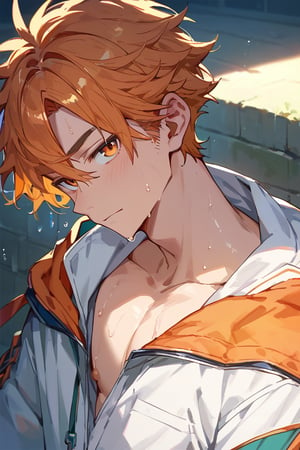 score_9, score_8_up, score_7_up, masterpiece, best quality, 1boy, male focus, looking at viewer, sweating,Murand ,orange hair, orange_jacket, BREAK, white shirt