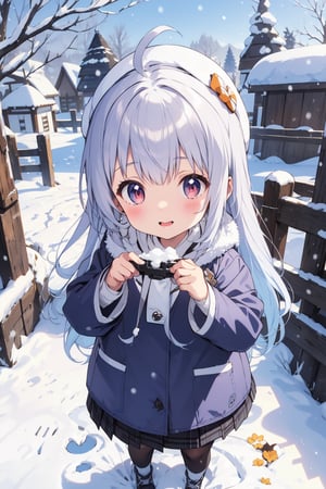 cute girl, silver hair, snow village background, snow clothing