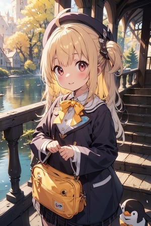 masterpiece,illustration,ray tracing,finely detailed,best detailed,Clear picture,intricate details,highlight,
anime,
gothic architecture,
looking at viewer,

nature,gothic architecture,bird,the lakeside in the heart of the forest,the staircase of the balcony,

NikkeRei,
1girl,loli,baby,long hair,hat,light blonde hair,
yellow bow,yellow bag,skirt,upper body,
NikkePenguin,Penguin,