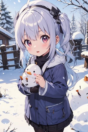 cute girl, silver hair, snow village background, snow clothing