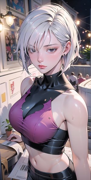 Masterpiece, Highest Quality, (Single Focus), (Perfect Face: 1.3), (High Detail: 1.1), (Super Detailed Eyes), Dramatic, Woman with Pale Skin and Bob Hair, White Eyes, Solo, Cold Expression, cold temperament, sexy figure, neat short hair, bare shoulders, bent chest, Sephiroth, moon, night, underwear, navel, pout, fur, medium chest, whole body, hourglass body, sexy, arrogant expression, slim, rose garden, detailed background, artgerm art, film lighting, rose, fashion, BalenciagaStyle,