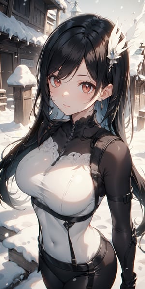 black hair ,nano suit,1girl  , glothes, man cosplay , white  aura, red eyes, black glowing hair,Detailedface, snow village,retro,TifaFF7