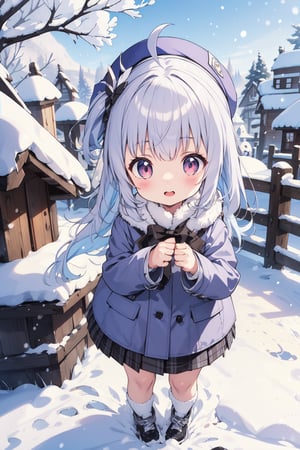 cute girl, silver hair, snow village background, snow clothing