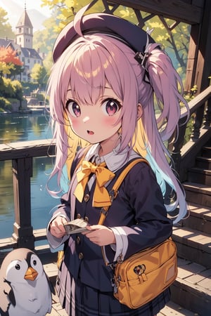 masterpiece,illustration,ray tracing,finely detailed,best detailed,Clear picture,intricate details,highlight,
anime,
gothic architecture,
looking at viewer,

nature,gothic architecture,bird,the lakeside in the heart of the forest,the staircase of the balcony,

NikkeRei,
1girl,loli,baby,long hair,hat,red hair,blue eyes,yellow bow,yellow bag,skirt,upper body,
NikkePenguin,Penguin,