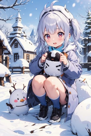 cute girl, silver hair, snow village background, snow clothing