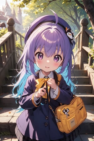 masterpiece,illustration,ray tracing,finely detailed,best detailed,Clear picture,intricate details,highlight,
anime,
gothic architecture,
looking at viewer,

nature,gothic architecture,bird,the lakeside in the heart of the forest,the staircase of the balcony,

NikkeRei,
1girl,loli,baby,long hair,hat,purple hair,blue eyes,yellow bow,yellow bag,skirt,upper body,
NikkePenguin,Penguin,